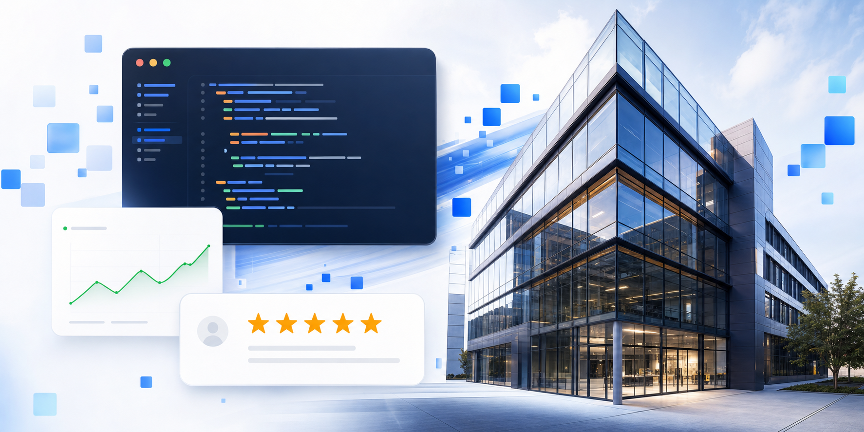 Modernes Technologieunternehmen mit Code und Performancevisuals