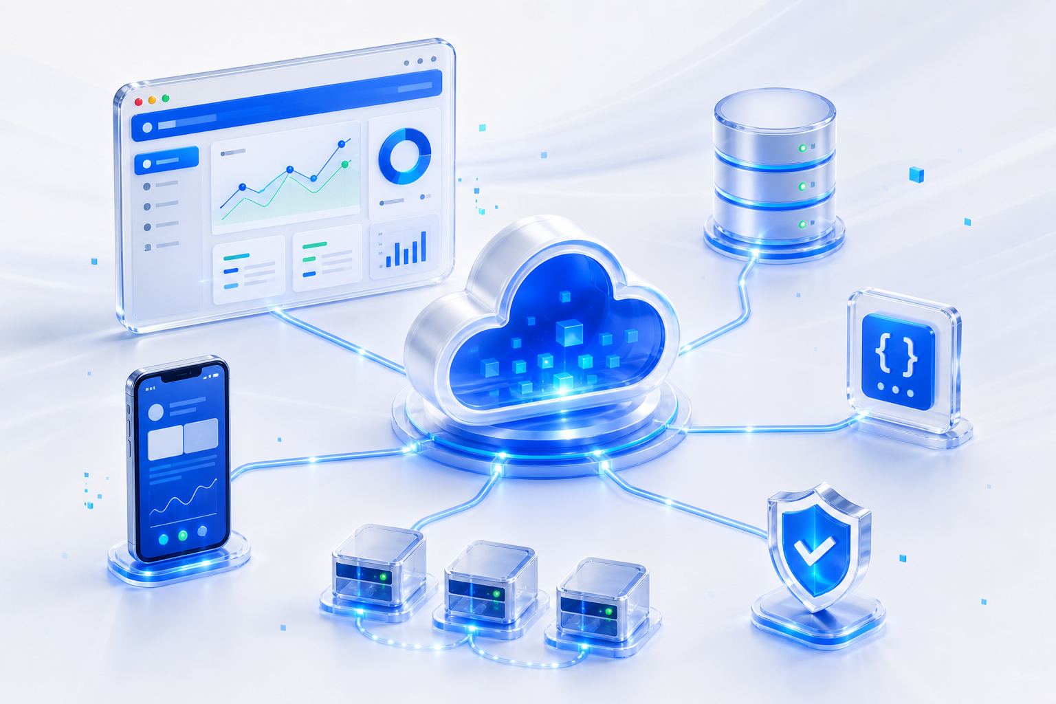 Vernetzte Cloud-Architektur mit Datenbank, API und Sicherheit