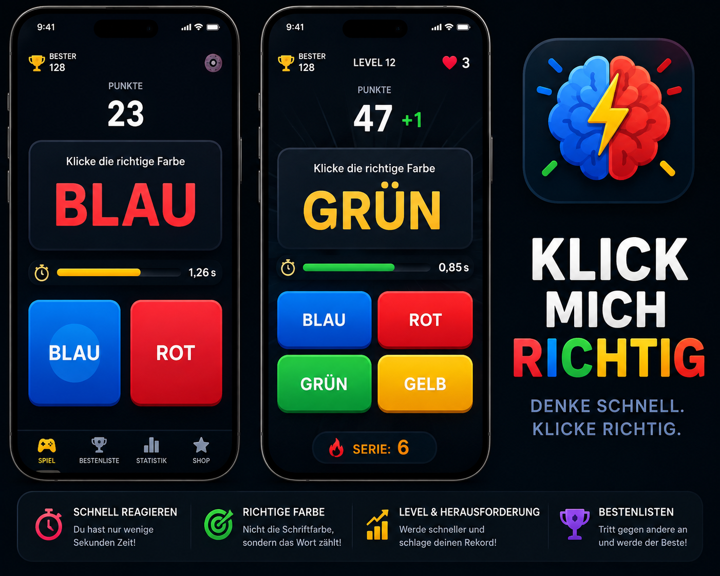 Spieloberfläche von Klick mich richtig! auf zwei Smartphones