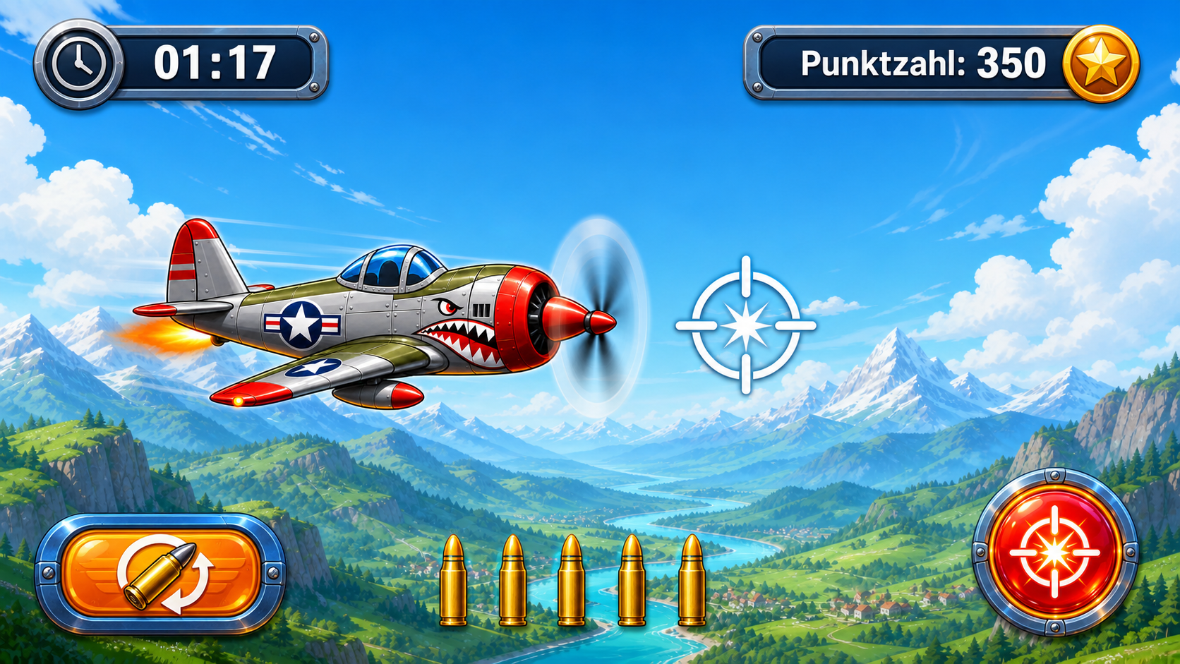 Gameplay von Plane Pop! in einer Alpenlandschaft