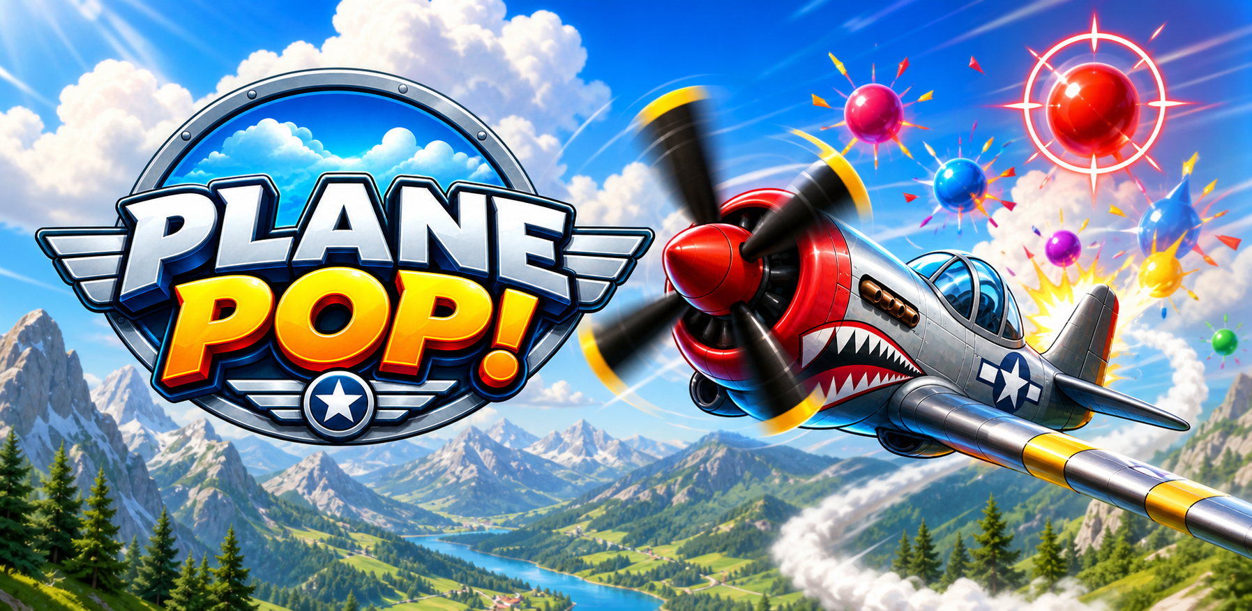 Plane Pop! mit Logo, Flugzeug und farbigen Zielen