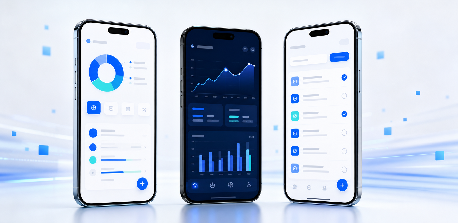 Mobile-App-Oberflächen auf drei Smartphones